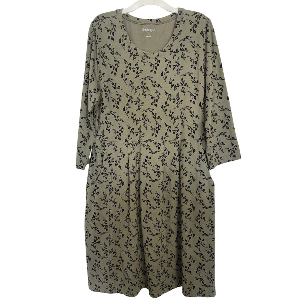 NorthStyle Olive Green 3/4 Sleeve Midi Dress Pockets Medium Modal Stretch